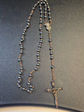 Rosary Beads with Polished Hematite and Nails as the Cross